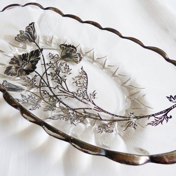 VTG STERLING SILVER CITY ON CLEAR CRYSTAL FLANDERS FLOWERS OVAL BOWL PLATE DISH - Picture 1 of 7